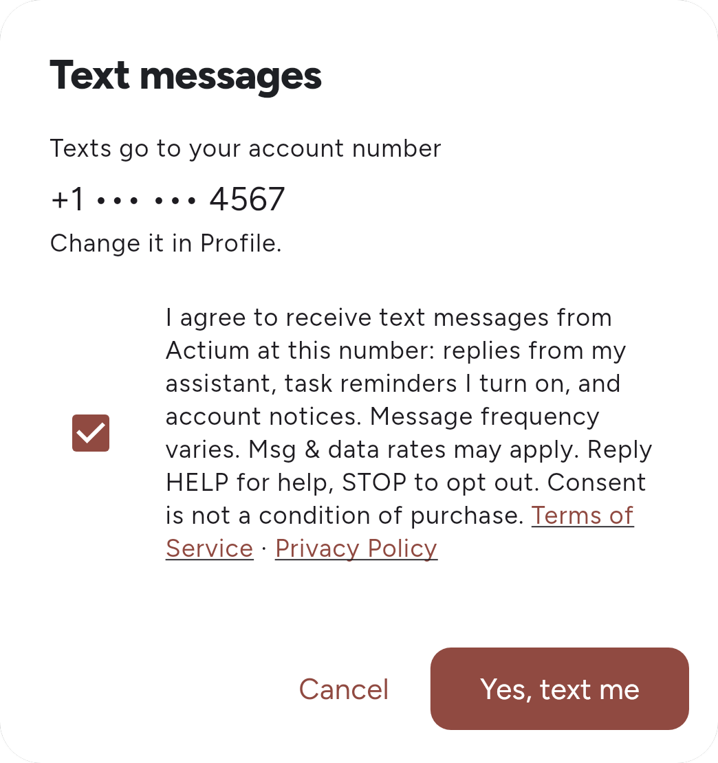 The same form after the consent box is checked: the Yes, text me button is enabled.